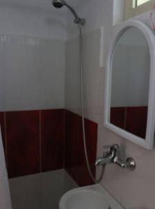 a bathroom with a shower and a toilet and a mirror at Private room historic center Elbasan in Elbasan