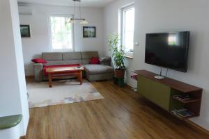 a living room with a couch and a flat screen tv at Ubytování u Zámku in Sušice
