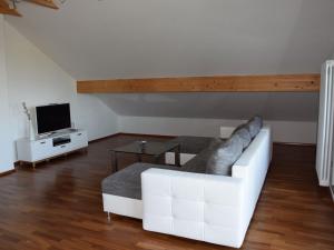 ein Wohnzimmer mit einem weißen Sofa und einem TV in der Unterkunft Ferienwohnung Leni in Bad Birnbach