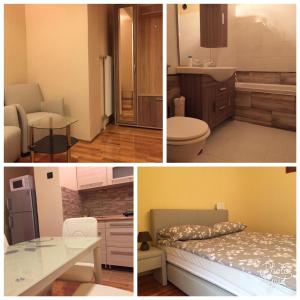 a collage of four pictures of a bathroom and a bedroom at Szent János Vendégház in Eger