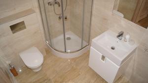 a bathroom with a shower and a toilet and a sink at Rezydencja Sara in Międzyzdroje +41 photos