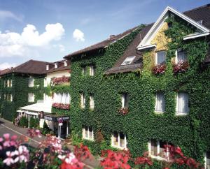 a building covered in green ivy next to a street at Hotel Hohenstaufen in Göppingen