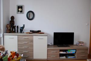 a entertainment center with a television on top of it at Apartment AMUR in Krakow