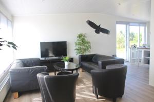 sala de estar con muebles de cuero negro y TV en Lynghagi House, en Vegamót