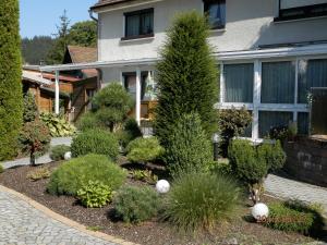 un jardín frente a una casa con árboles y arbustos en Ferienwohnungen Haus Waltraud en Steinwiesen