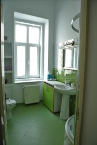 a bathroom with a sink and a toilet and a window at Casa Blanca in Sibiu