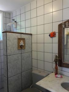 un bagno con un water, un lavandino e uno specchio di Pousada Cantagalo Bichinho MG a Bichinho