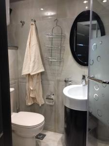 uma casa de banho com um WC, um lavatório e um espelho. em Luxury Mohandeseen Apartment no Cairo
