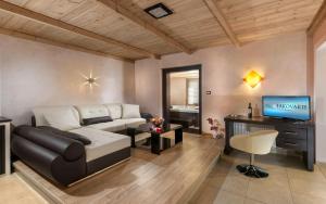 a living room with a couch and a television at Iakovakis Suites & Spa in Koropi