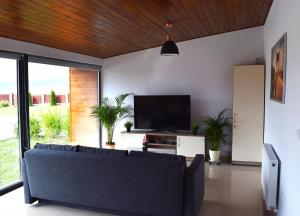 een woonkamer met een bank en een flatscreen-tv bij Sanderson Apartments in Miercurea-Ciuc