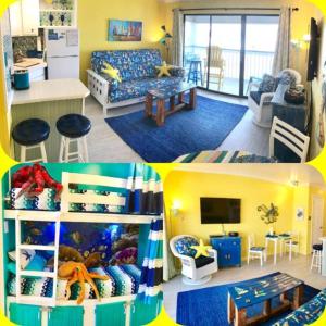 two photos of a living room and a living room with a room at Casa Del Mar - Ocean View in Galveston