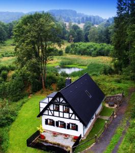 una casa blanca con techo negro en un campo verde en Chalupa Dlouhý Důl 19, en Krásná Lípa