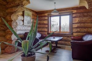 a room in a log cabin with a table and a plant at Agave in Augšlīgatne