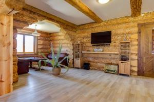 a log cabin living room with wooden walls and a flat screen tv at Agave in Augšlīgatne