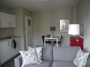 ein Wohnzimmer mit einem grauen Sofa und einer Küche in der Unterkunft Lebendiges Linden in Hannover