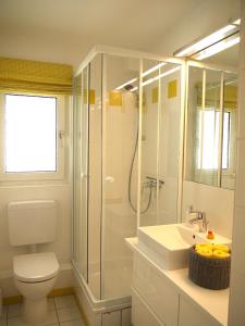 a bathroom with a shower and a toilet and a sink at Lebendiges Linden in Hannover