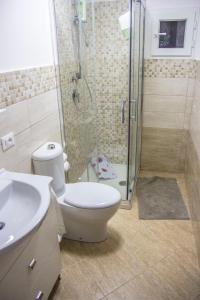 uma casa de banho com um chuveiro, um WC e um lavatório. em Casa Vacanze Etna em Linguaglossa