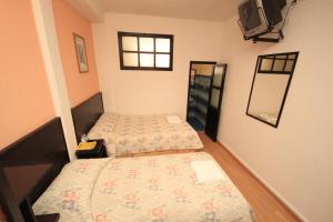 Habitación pequeña con 2 camas y TV. en Hotel San Martin, en San Cristóbal de Las Casas