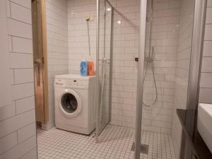 ヘルシンキにあるセカンドホームズ カンピ センター アパートメントのバスルーム(シャワー付)の洗濯機が備わります。