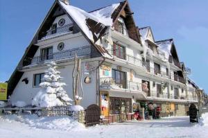 un gran edificio con un árbol de Navidad en la nieve en DW Harnaś, en Bustryk