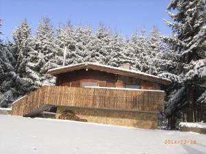 una cabaña de madera en la nieve con árboles nevados en Grimm`s Waldhäuschen, en Mudau