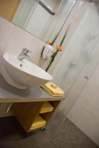 La salle de bains est pourvue d'un lavabo et d'une douche. dans l'établissement Gasthof Manner, à Perg