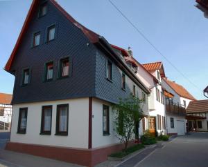 a house with a black roof on a street at "Haus Saskia" in Wutha-Farnroda