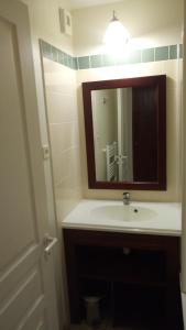 a bathroom with a sink and a mirror at Appartement dans résidence de vacances in Biscarrosse +18 photos