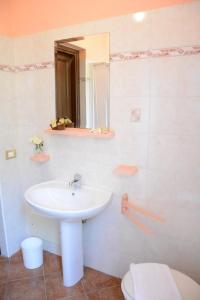 a bathroom with a sink and a toilet and a mirror at Hotel Funtana Noa in Villanovaforru