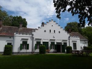 una casa blanca con una mesa de picnic delante de ella en Igmándy kúria, en Nagybajom