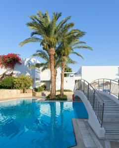 a swimming pool with a bridge and palm trees at Avra Beach Resort in Ixia