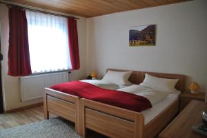 Un dormitorio con una cama con una manta roja y una ventana. en Ferienwohnungen Haus Else, en Willingen
