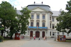 a group of people walking in front of a building at Apartman Rosé in Eger