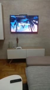 a living room with a tv on a wall at Flat Kosutnjak 9 in Belgrade