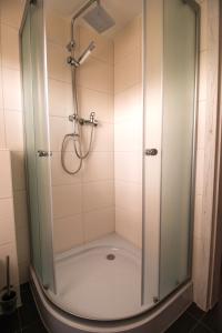 a shower with a glass door in a bathroom at Bungalows am Grimnitzsee in Joachimsthal
