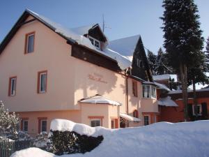 a building with snow on the ground in front of it at Penzion Villa Marion in Mariánské Lázně