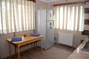 a kitchen with a table and a refrigerator at Pensiunea Georgiana in Răuceşti