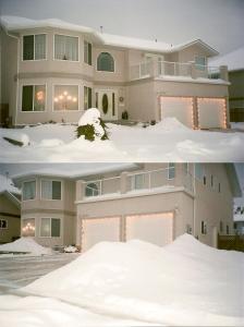 dos fotos de una casa en la nieve en Swisshouse Bed & Breakfast, en Penticton