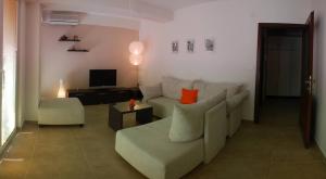 a living room with a couch and a tv at Bella Vista Apartments in Ohrid