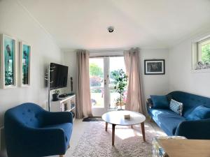 a living room with two blue couches and a table at The But n Ben in Christchurch