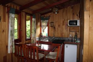 a kitchen with a counter and a sink and a microwave at Cabañas Alpinas López Fontes in Valle de Bravo