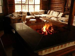 a living room with a fire pit in the middle of it at Apartman Pustolov - Stara planina in Crni Vrh