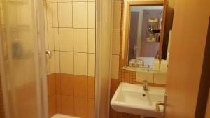 W łazience znajduje się umywalka i prysznic. w obiekcie Lehár panzió w mieście Komárno