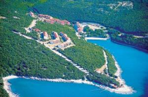 an aerial view of an island with boats in the water at Apartment Viola - Pavićini, Duga Uvala in Krnica