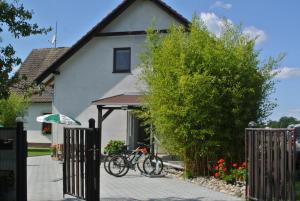 una bicicletta parcheggiata di fronte a una casa di Penzion ALEXSPORT a Třeboň