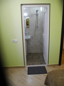 een badkamer met een douche, een toilet en een wastafel bij Cherdachok in Tbilisi City