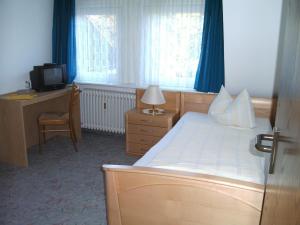 Dormitorio con cama, escritorio y TV en Pension Gastreich en Lennestadt