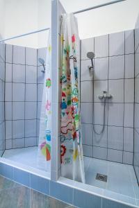a shower in a bathroom with a shower curtain at Pal's Mini Hostel in Budapest