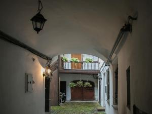 an alley with a door and a balcony with plants at Skapas Street Vilnius in Vilnius