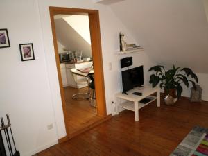 ein Wohnzimmer mit einem TV und einem Tisch mit einer Pflanze in der Unterkunft Ferienwohnung Klatschmohn in Speyer